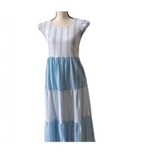 MARGAUX RIVIERA L Midi Stripe Tiered Cotton Dress Pockets Relaxed Blue White